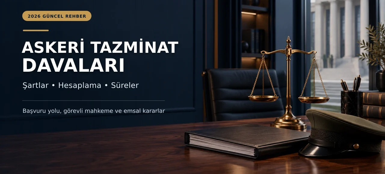 Askeri tazminat davaları için başvuru, hesaplama ve dava süresini simgeleyen hukuk bürosu görseli