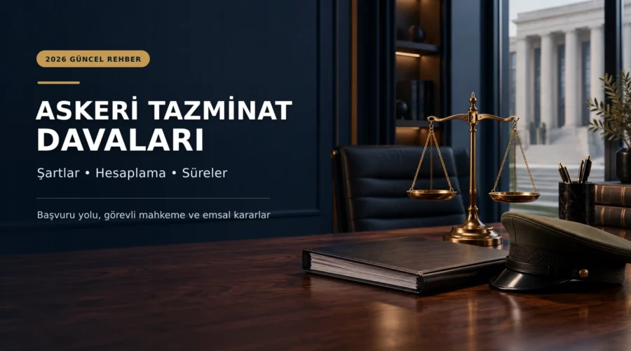 Askeri tazminat davaları için başvuru, hesaplama ve dava süresini simgeleyen hukuk bürosu görseli