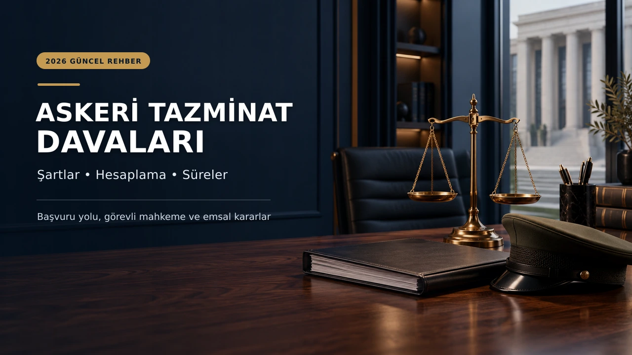 Askeri tazminat davaları için başvuru, hesaplama ve dava süresini simgeleyen hukuk bürosu görseli