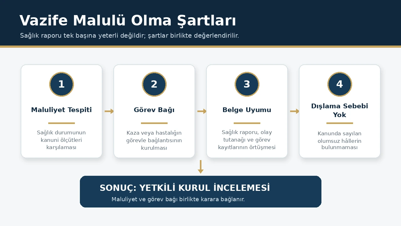 Vazife malulü olma şartları ve yetkili kurul incelemesi şeması